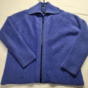 Vintage 90s VENESHA Size Large 80% Angora Jacket Fuzzy Zip-Up Blue